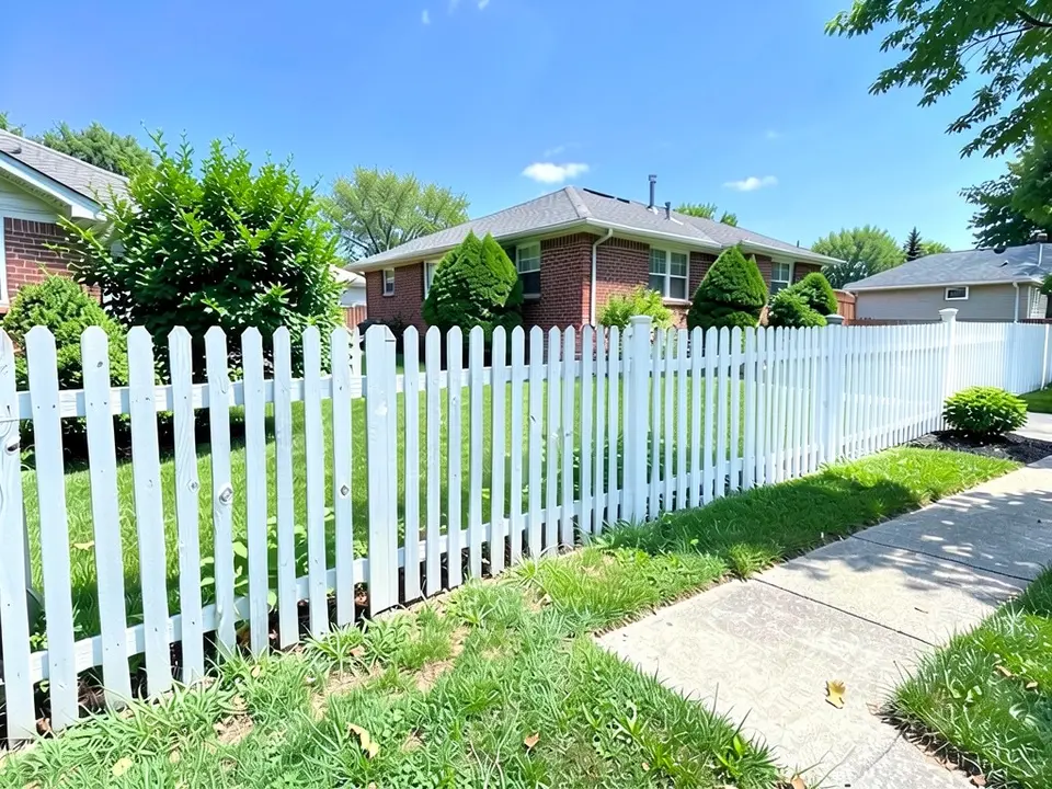 The same picket fence painted bright white, with the lawn, walkway, shrubs, brick house and sky kept