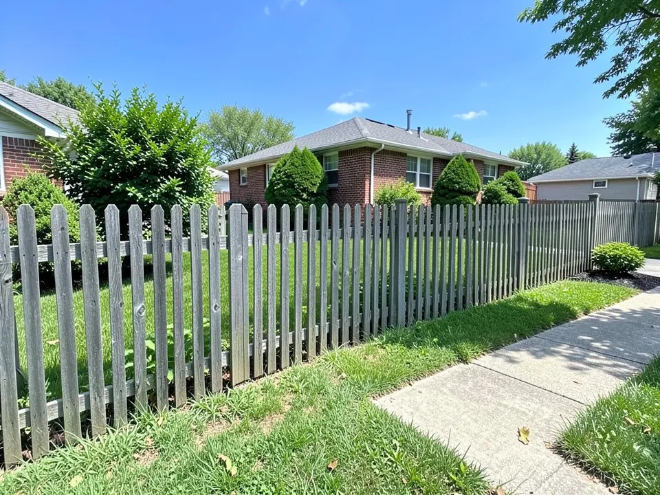 Weathered gray wood picket fence along a lawn and concrete walkway, with shrubs, a brick house and a blue sky behind it, before