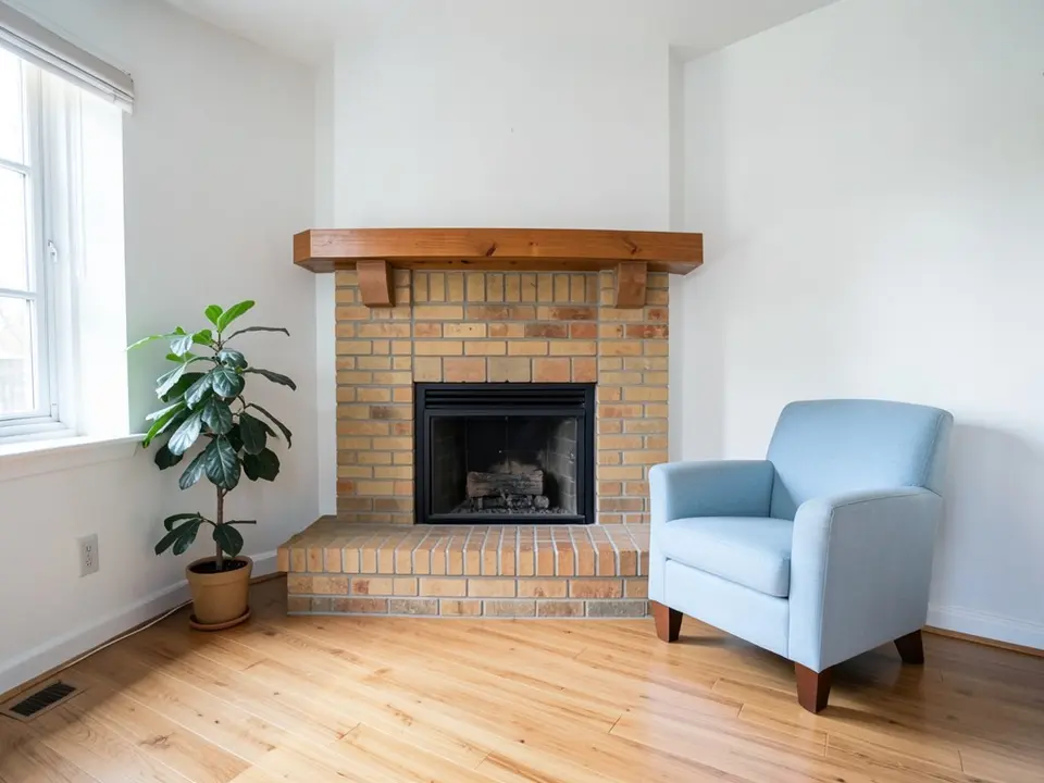 Bright living room corner with a tan and orange brick fireplace and hearth, a wooden mantel on brackets, white walls, a plant in a pot, a light blue armchair and a wood floor, before