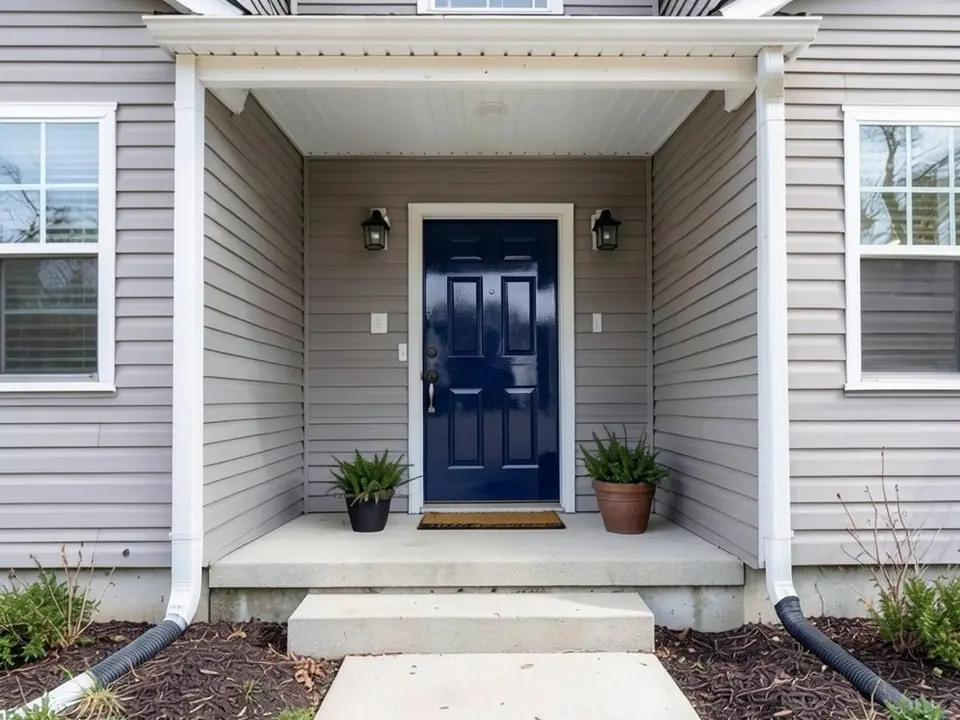 The same porch with the front door painted deep navy blue in a semi-gloss finish