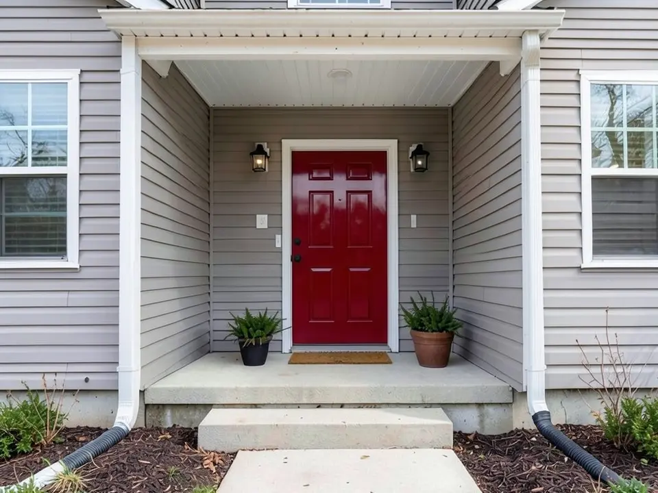 The same porch with the front door painted classic deep red in a high-gloss finish