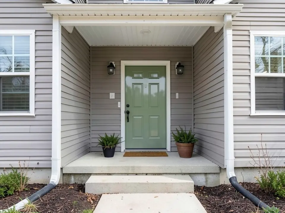 The same porch with the front door painted muted sage green