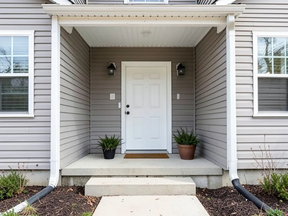 Covered front porch with gray siding and a plain white six-panel front door, before painting