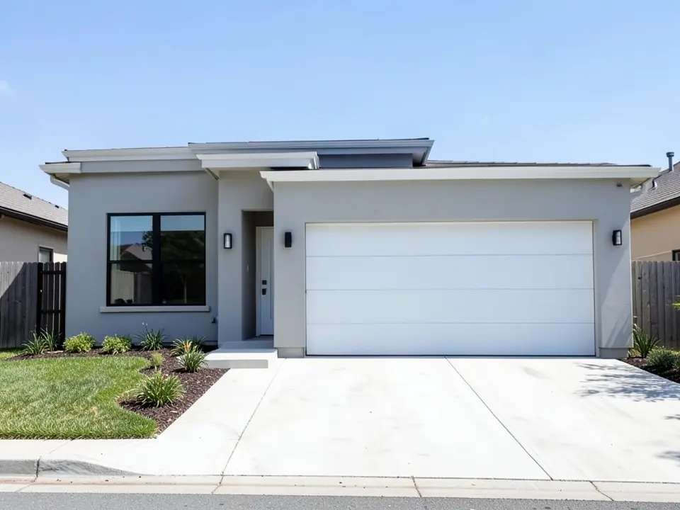 Gray stucco modern single-story house with a plain white flush garage door, before