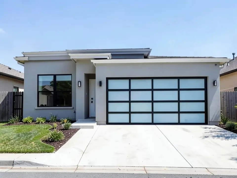 The same modern stucco house with a full-view frosted glass garage door in a black aluminum frame