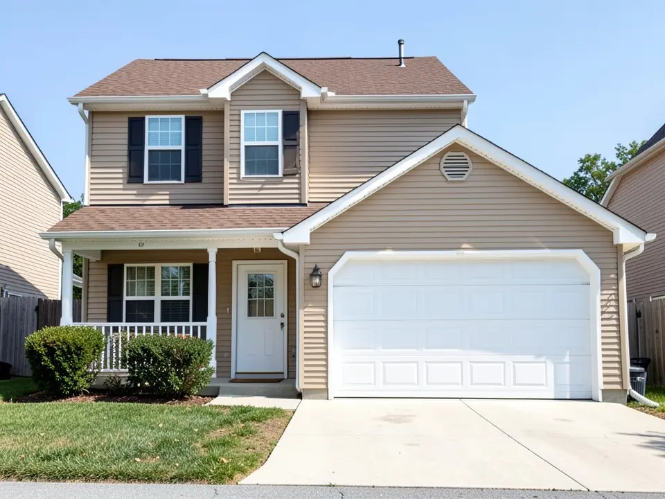 Tan vinyl siding two-story house with a white raised panel double garage door, before