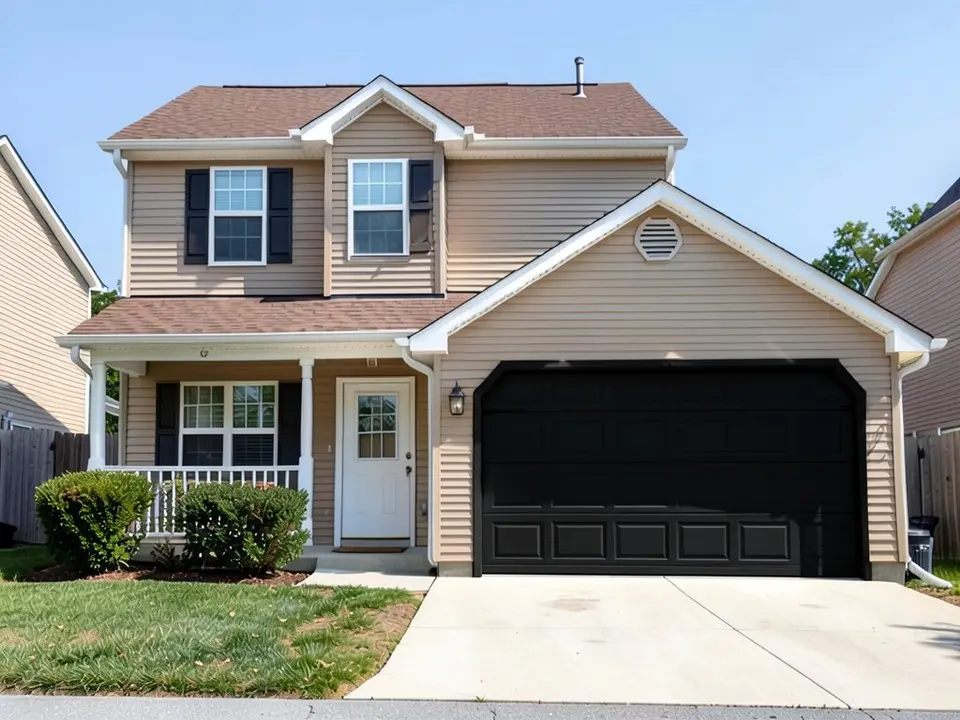 The same tan house with the garage door and its trim painted matte black