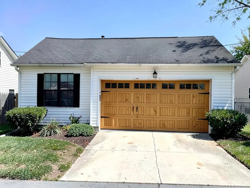 The same white ranch house with a wood-tone carriage-style garage door with a row of windows and black hardware