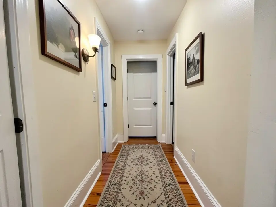 Hallway with cream walls, a patterned runner rug on a wood floor, framed pictures, a wall sconce and white doors, before