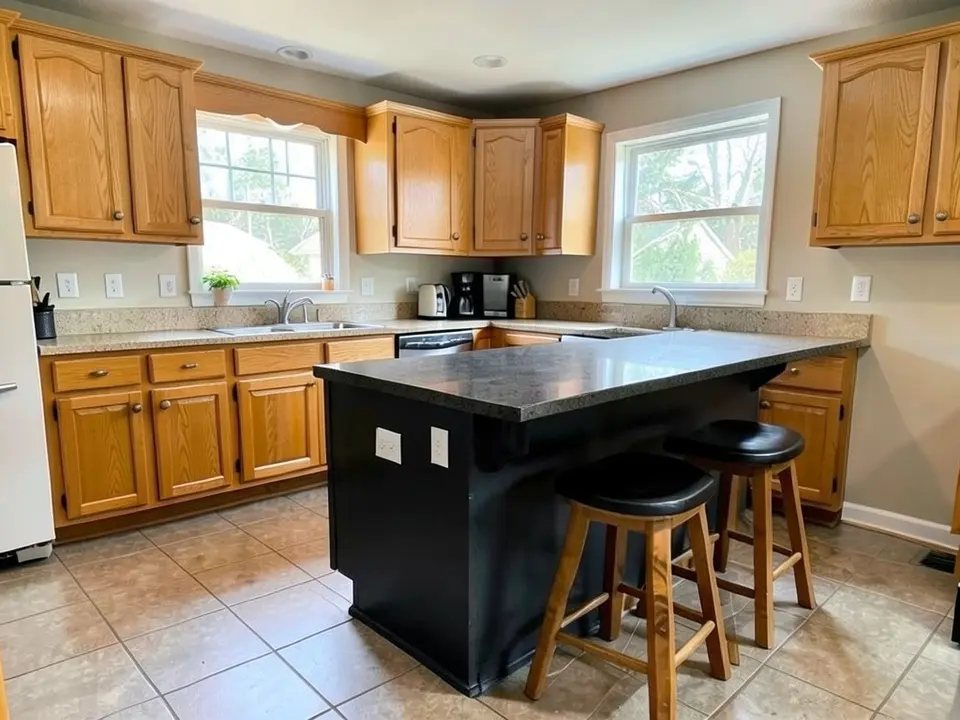 The same kitchen with the island base painted charcoal black and the oak cabinets unchanged