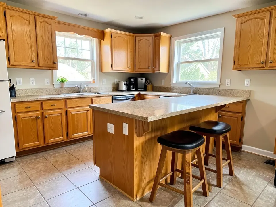 Kitchen with honey oak cabinets, a matching oak island with a light speckled countertop, two black bar stools and a tile floor, before