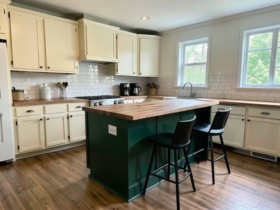 The same kitchen with the island painted deep forest green and the cream cabinets unchanged