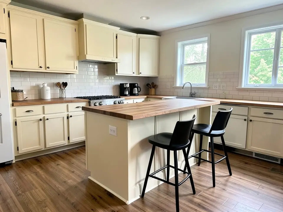 Kitchen with cream perimeter cabinets, a cream island with a butcher block top and three black bar stools, a subway tile backsplash and a wood floor, before