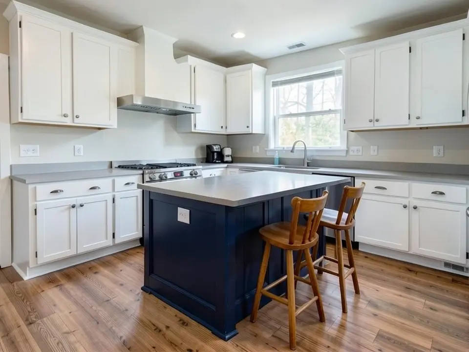The same kitchen with the island painted deep navy blue and the perimeter cabinets still white