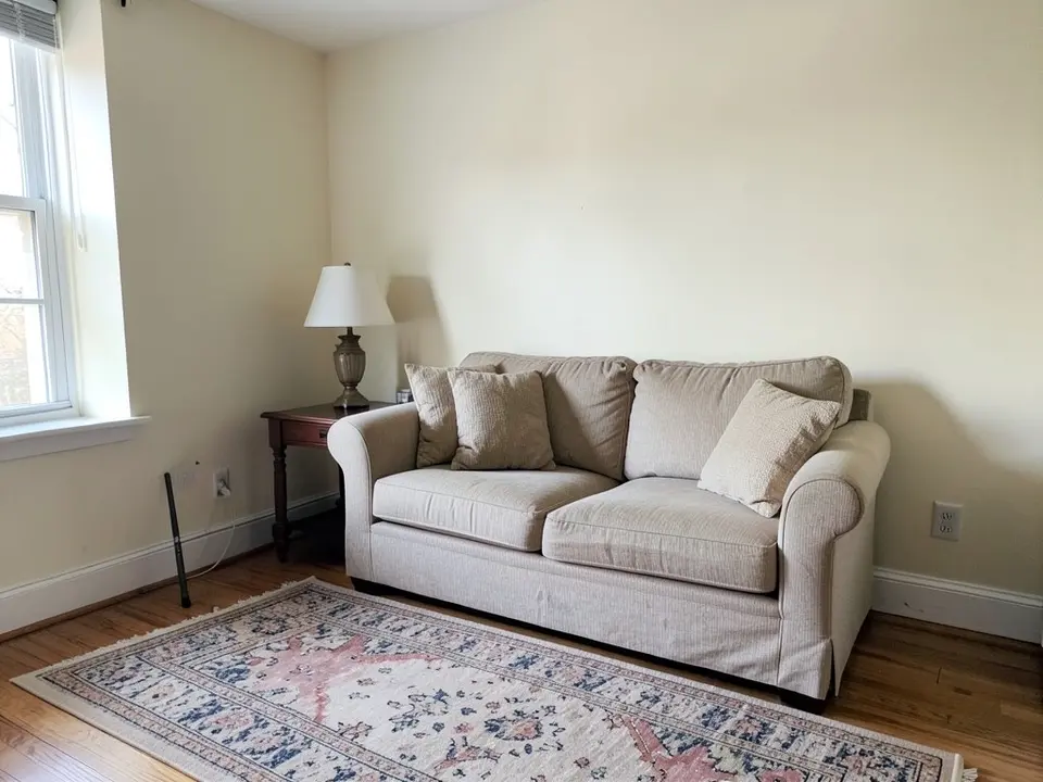 Living room with cream walls, a beige sofa with cushions, a dark wooden side table with a lamp and a patterned rug on a wood floor, before