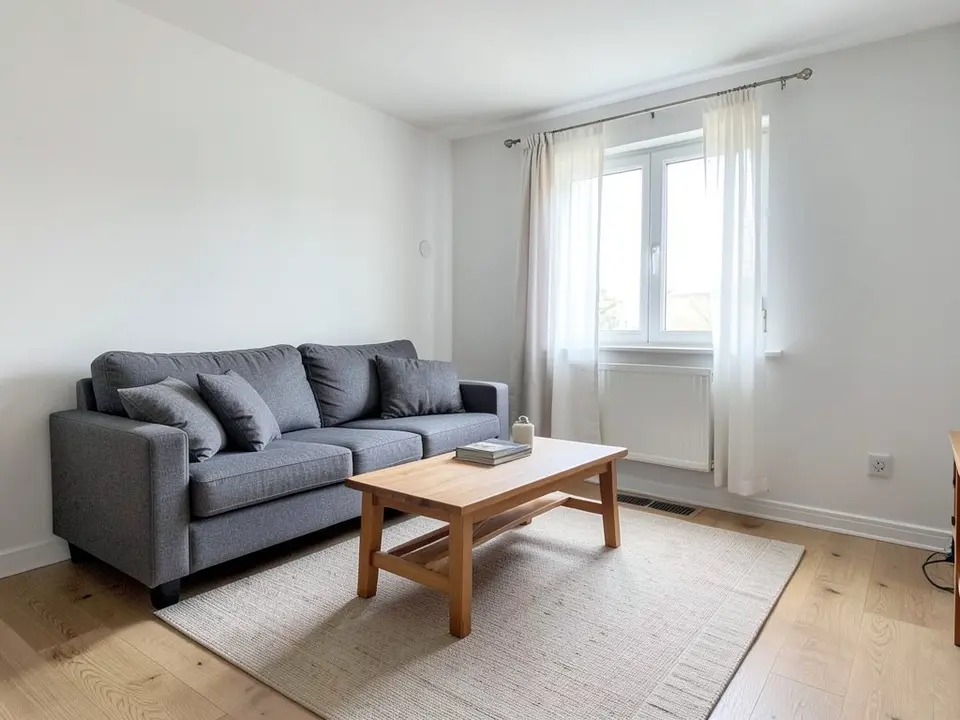 Living room with light walls, a gray fabric sofa with cushions, a wooden coffee table, a beige rug on a light wood floor and a window with sheer curtains, before