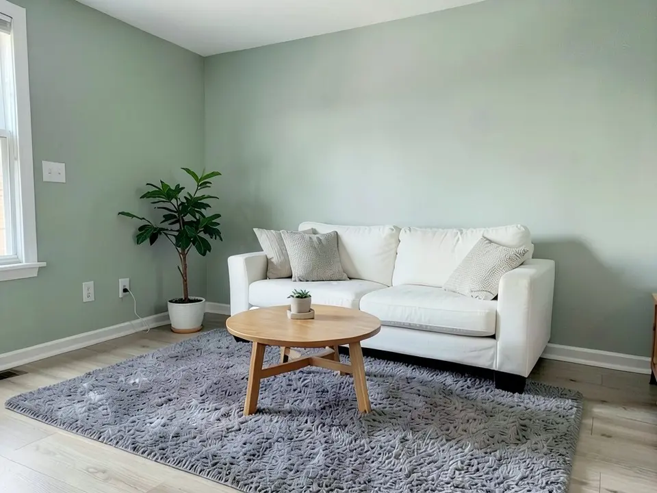 The same living room with the walls painted a soft sage green, with the sofa, pillows, coffee table, rug, plant and floor kept