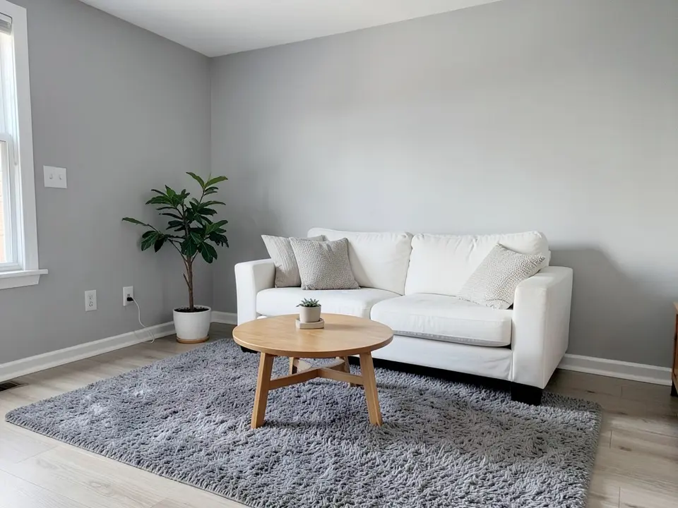 Living room with light gray walls, a white sofa with pillows, a round wooden coffee table, a gray shag rug and a potted plant, before
