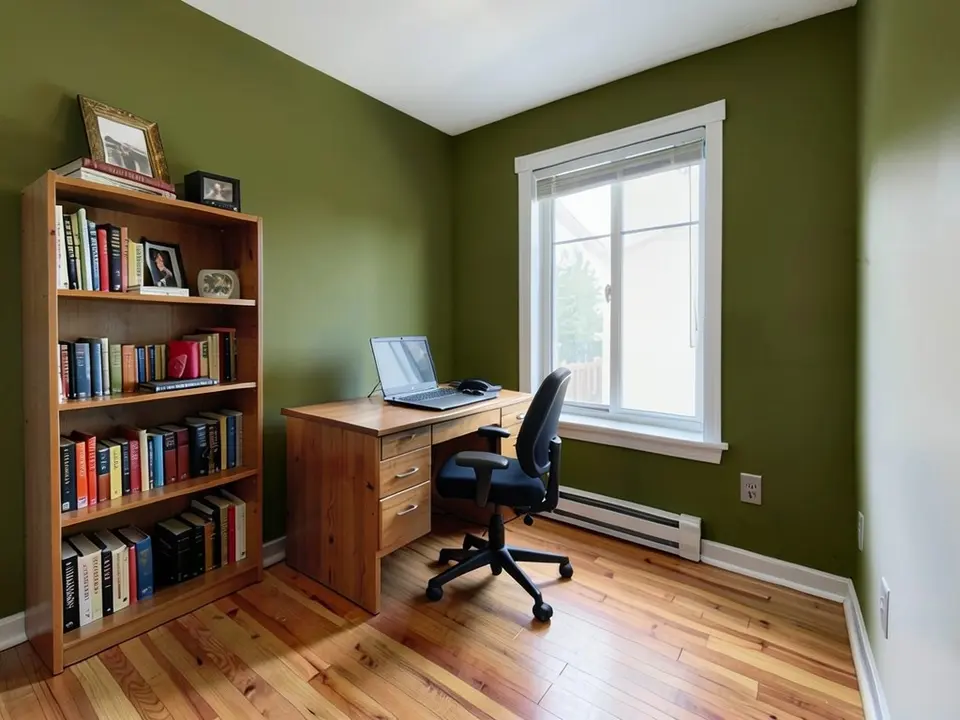 The same home office with the walls painted olive green