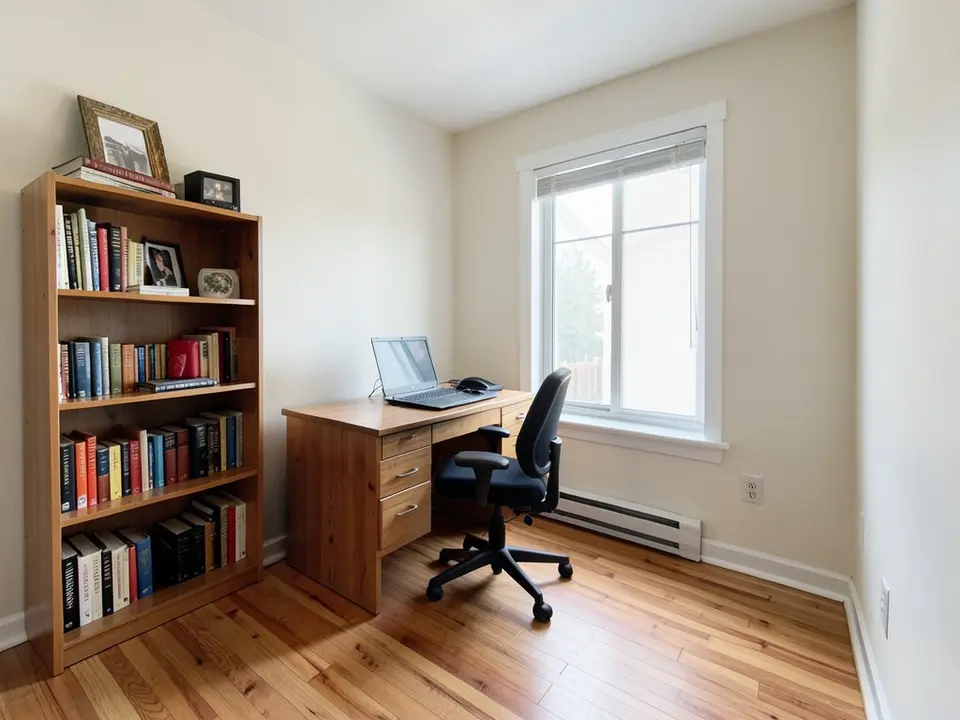 Home office with off-white walls, a wooden desk with a laptop and chair, a bookshelf and a window, before
