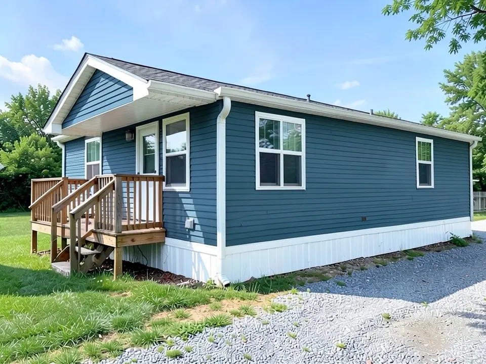 The same home with slate blue-gray siding, with the white trim, windows, skirting, porch and roof kept