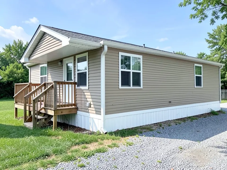 Single wide mobile home with beige siding, white trim and windows, white skirting, a wooden porch with railing and steps, a gray roof, a gravel drive and a lawn, before