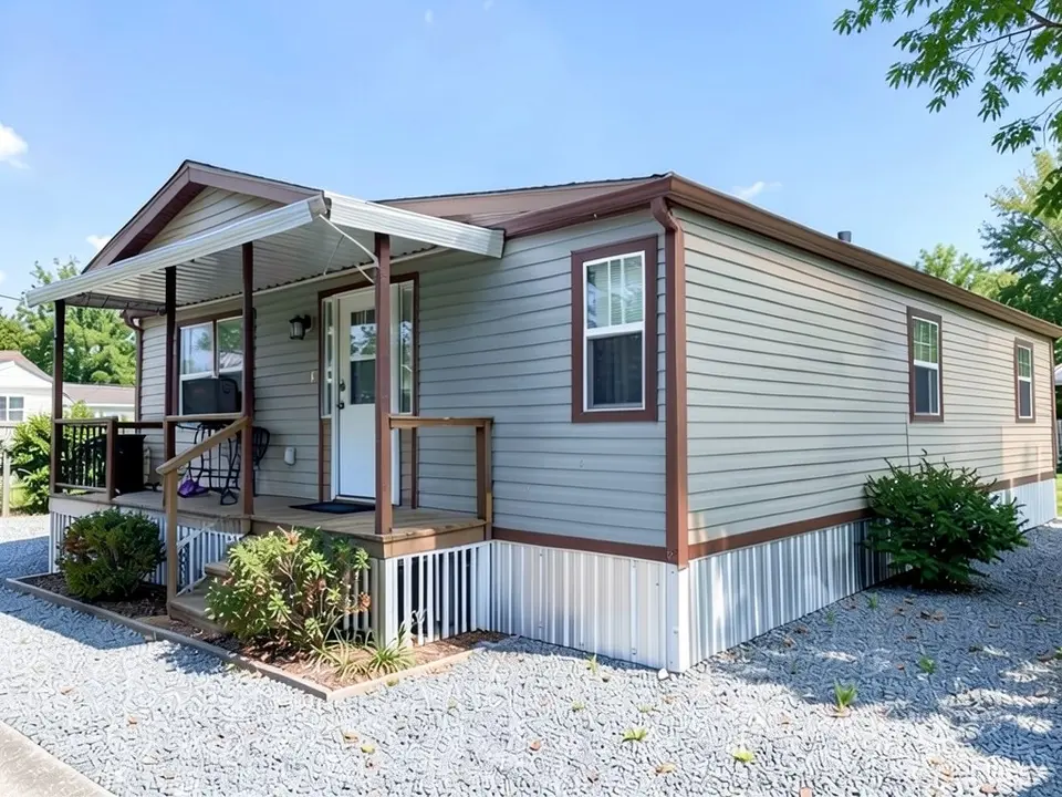 The same home with muted gray siding, with the brown trim, awning, skirting and shrubs kept