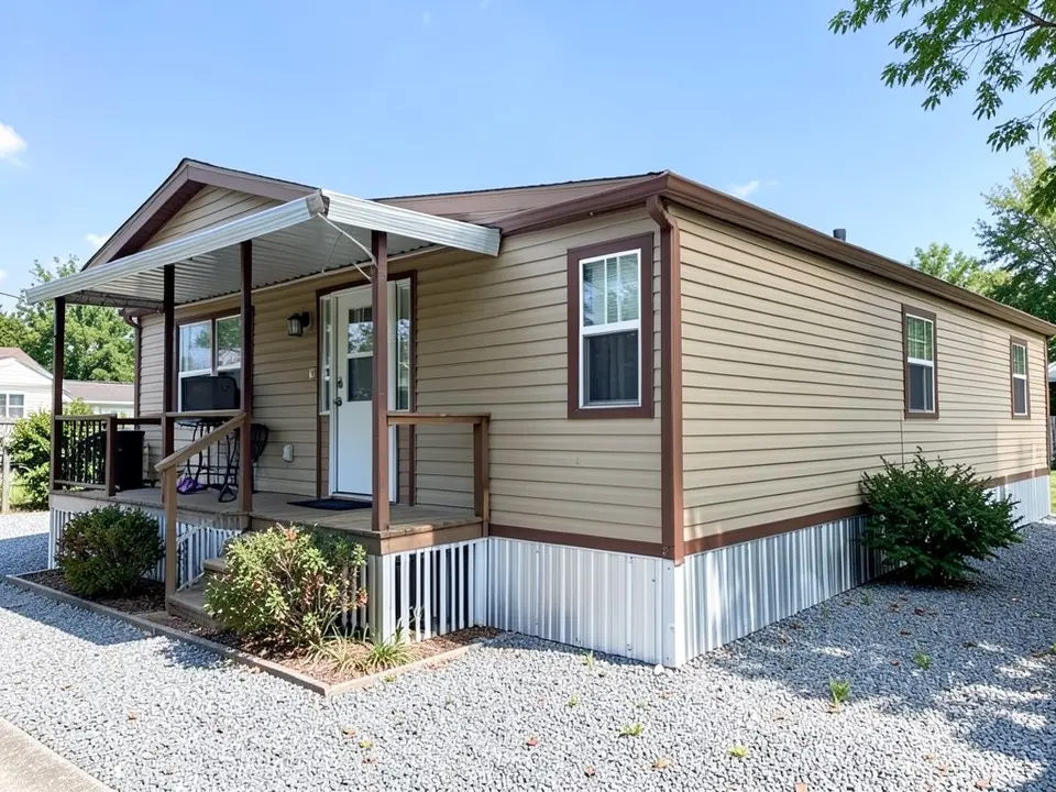 Older single wide mobile home with tan siding, brown trim, brown window frames, a metal awning over a porch with brown posts, white metal skirting, shrubs and a gravel yard, before