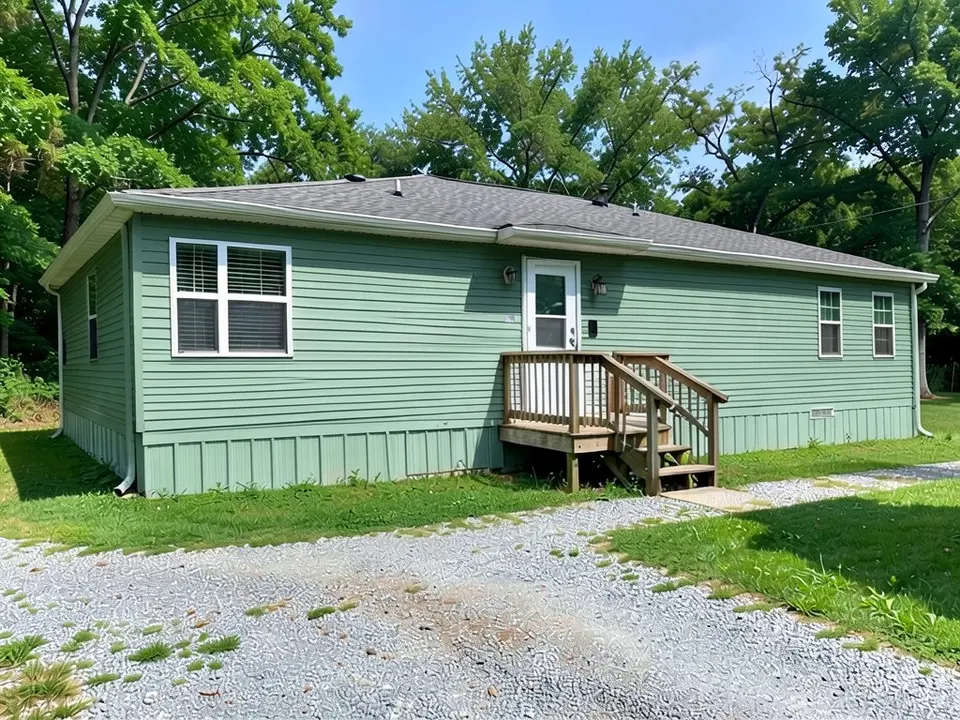 The same home with muted sage green siding, with the window frames, door, deck and roof kept