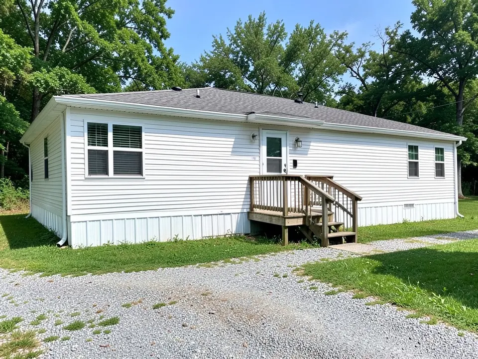 Long, low manufactured home with white lap siding, white window trim, a white door, white metal skirting, a small wooden deck with steps, a shingle roof, a gravel drive, a lawn and trees, before