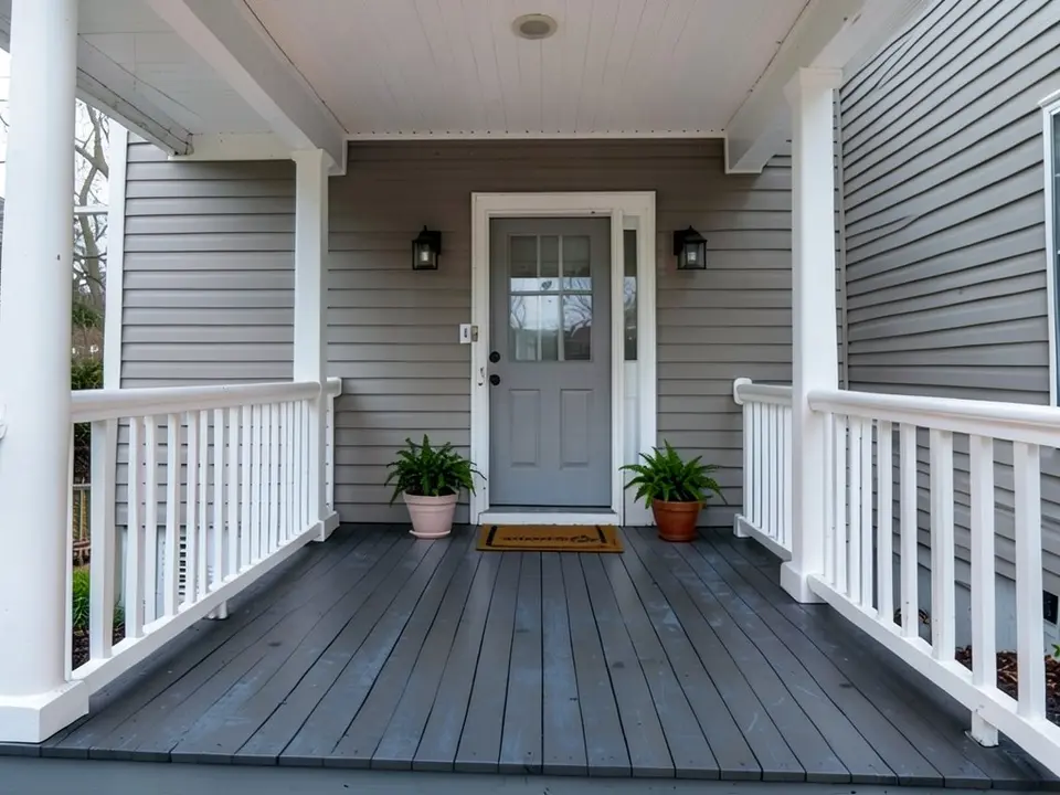 The same porch with the floor boards painted deep slate gray