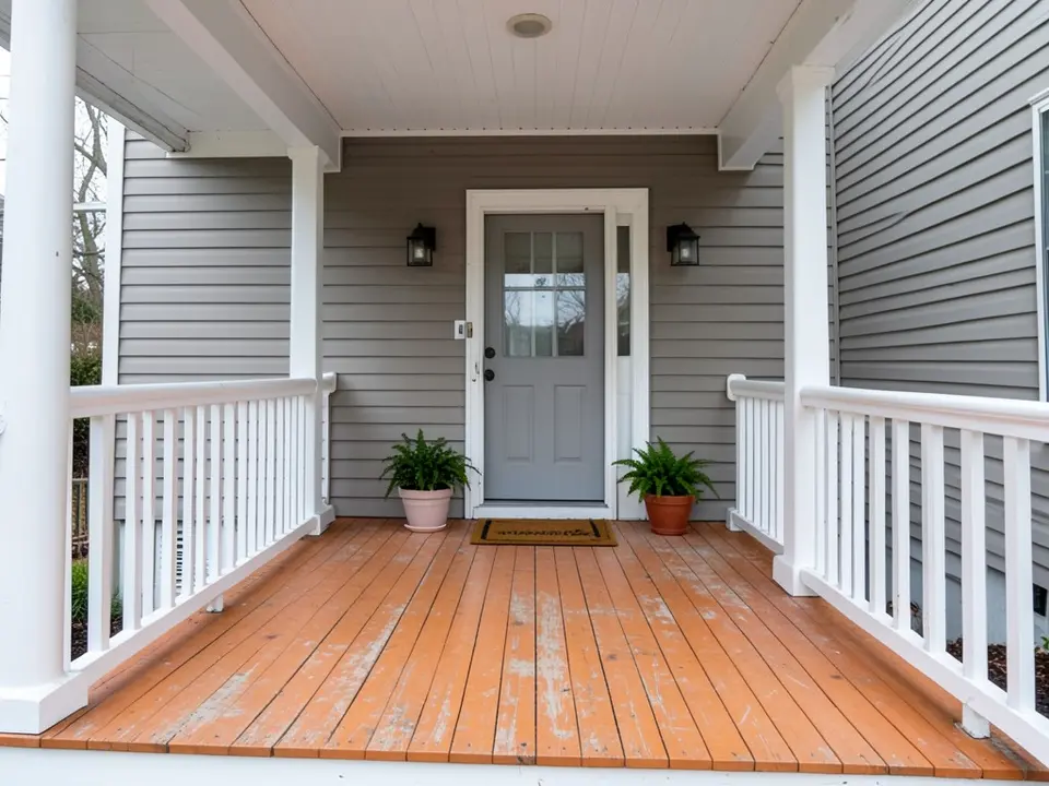 Front porch of a gray house with white columns and railings, a bare weathered orange-brown wood floor, a gray door, two potted plants and a doormat, before