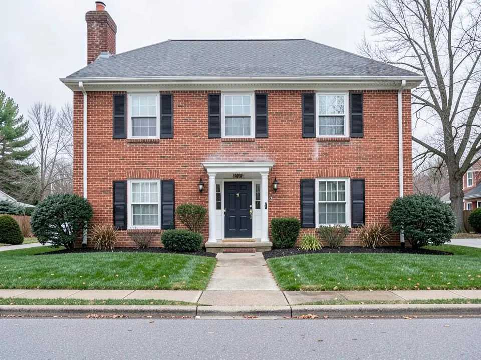 Red brick two-story colonial house with black shutters and a dark front door, before painting