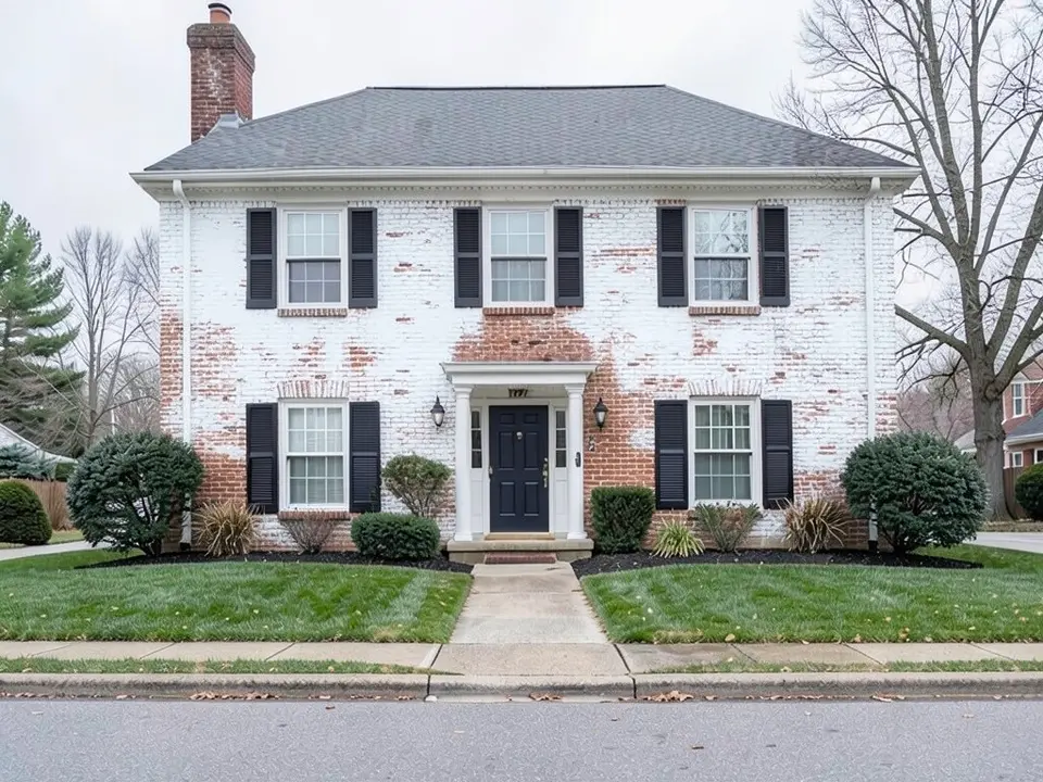 The same red brick colonial with a patchy white limewash that lets the red brick show through