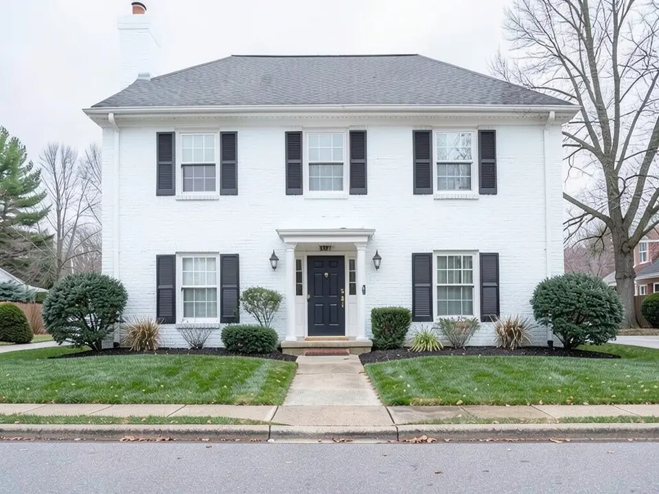 The same colonial house with its red brick painted solid white, black shutters and door unchanged