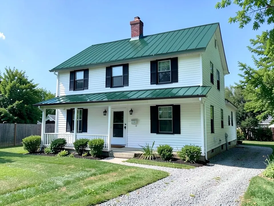 The same farmhouse with a dark green standing seam metal roof on the main house and the porch