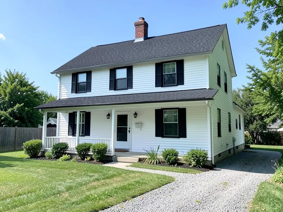 White two-story farmhouse with a black asphalt shingle roof, black shutters, a brick chimney, a covered front porch and a gravel path, before