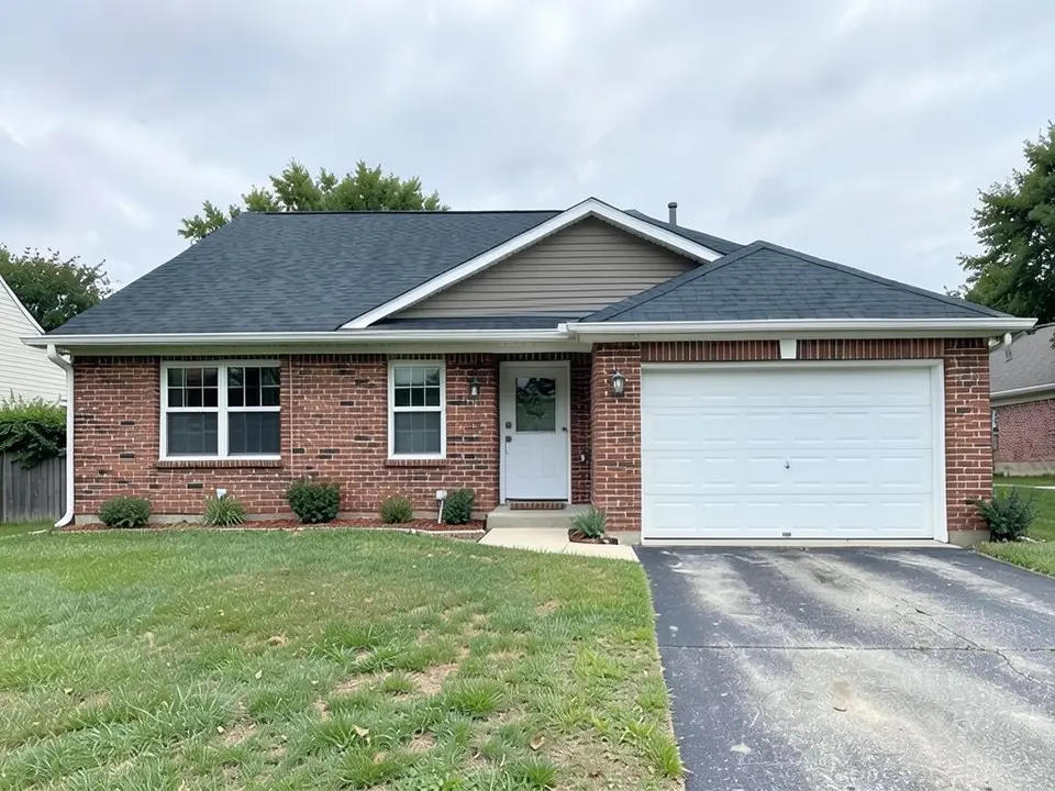 The same brick house with the roof shingles changed to dark charcoal gray