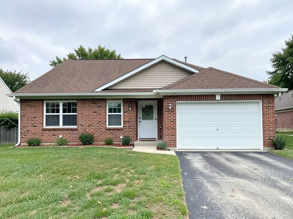 Single-story red brick ranch house with a brown shingle roof, beige gable siding, a white garage door and white window trim, before