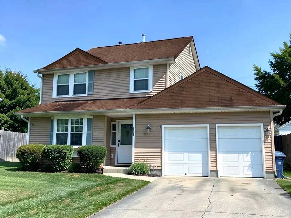 The same house with the roof shingles changed to medium brown