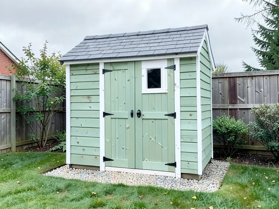 The same shed with the walls and doors painted soft sage green and white window frame and trim