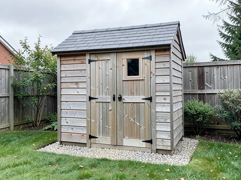 Weathered natural wood garden shed with a gray shingle roof, double doors with black hinges and a small window, standing on pebbles in a backyard, before