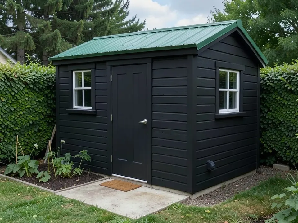 The same shed with the walls and door painted charcoal black while the green roof stays green
