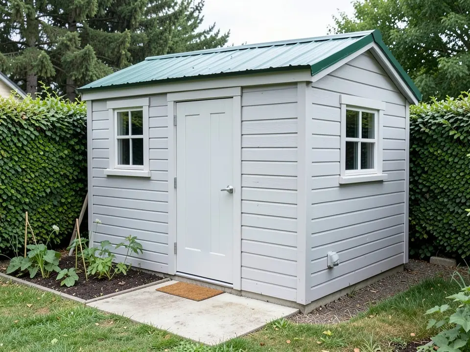 Light gray painted garden shed with a green metal roof, white door, two white-framed windows, a concrete slab path, a doormat, a vegetable bed and a hedge, before