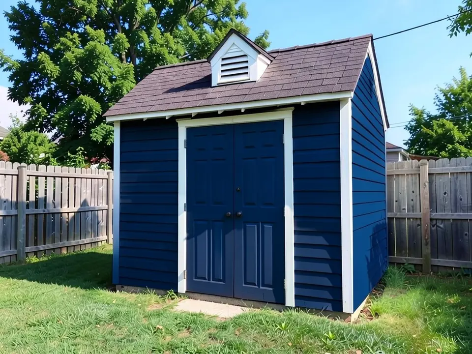 The same shed with the walls and doors painted deep navy blue and white door frame and corner trim