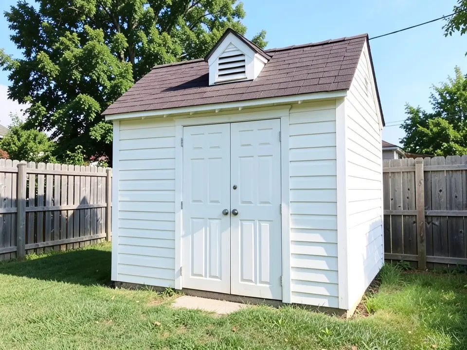 White painted backyard shed with a brown shingle roof, a gable vent and double doors, on a lawn in front of a wooden fence, before