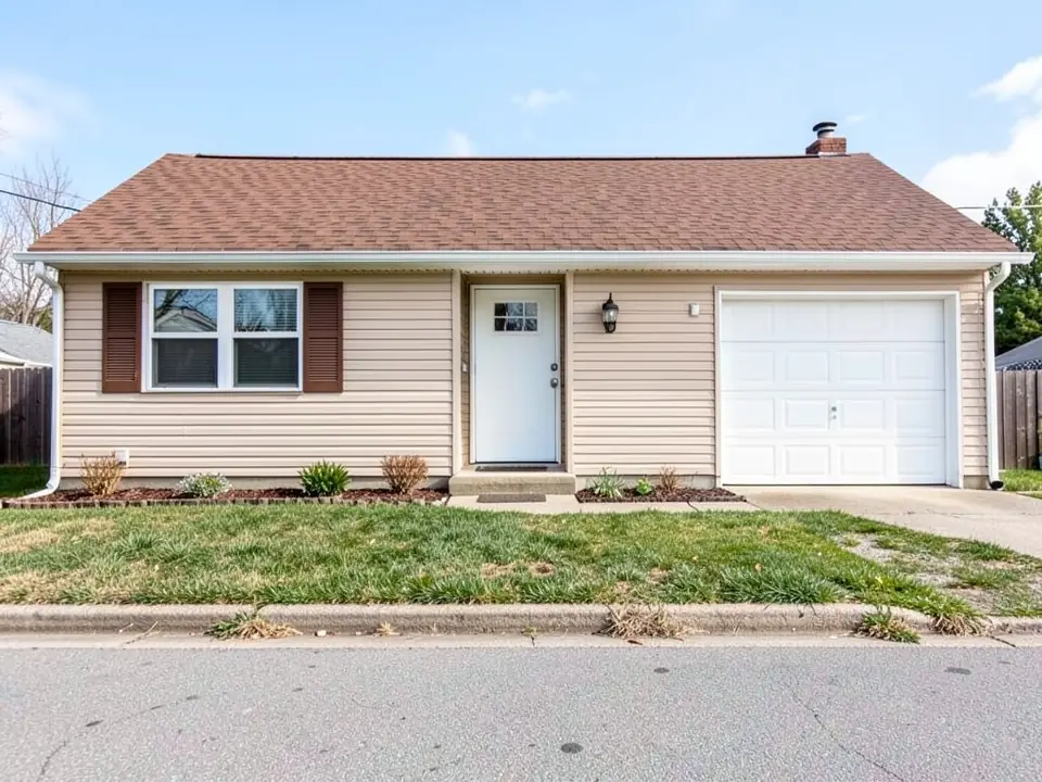 Beige vinyl siding ranch house with brown louvered shutters and a white garage door, before