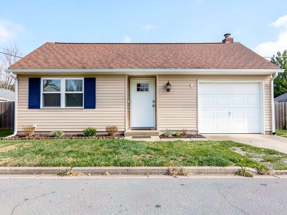 The same beige ranch house with the shutters repainted navy blue