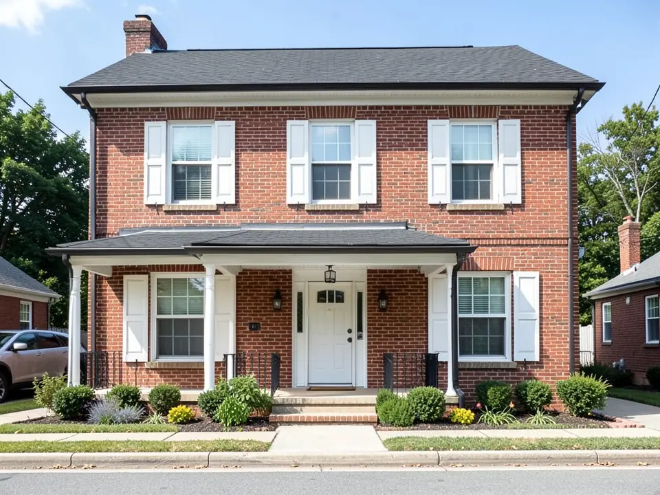 Red brick two-story house with a front porch and white raised panel shutters, before