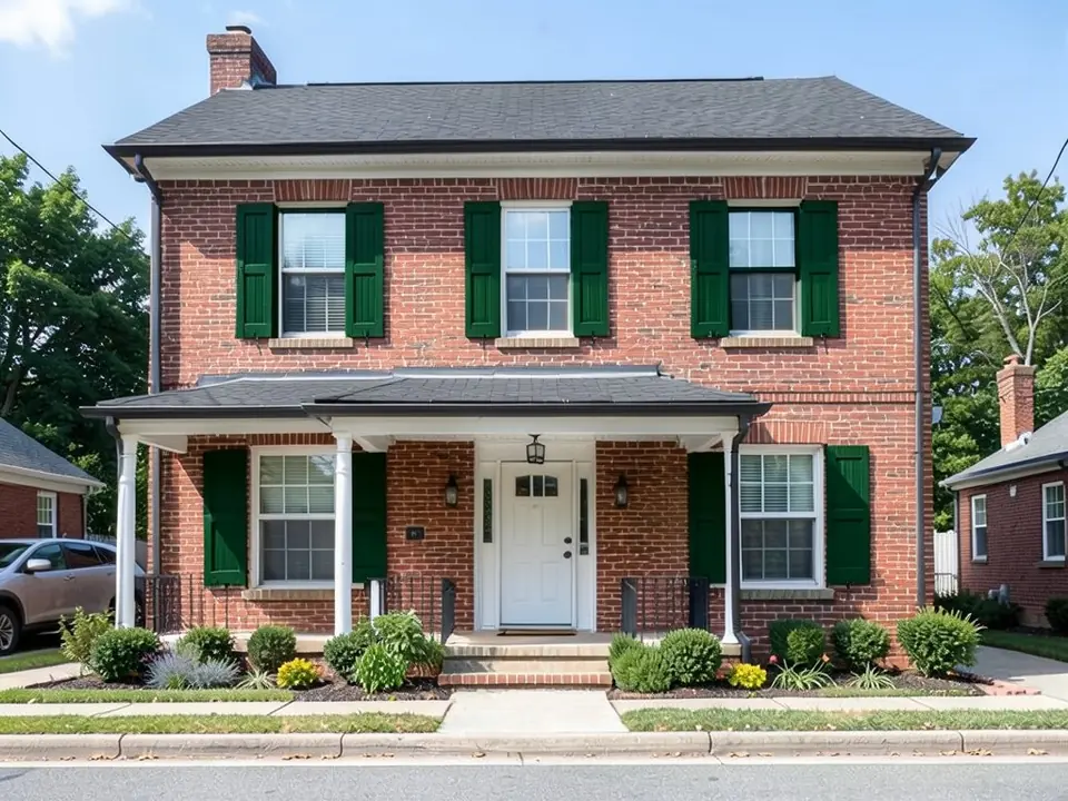 The same red brick house with the shutters repainted deep hunter green